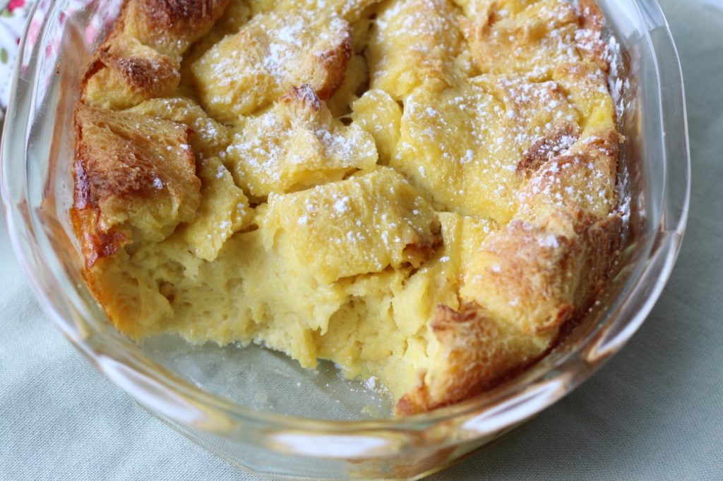 Vanilla Bean Bread Pudding with Strawberry Sauce