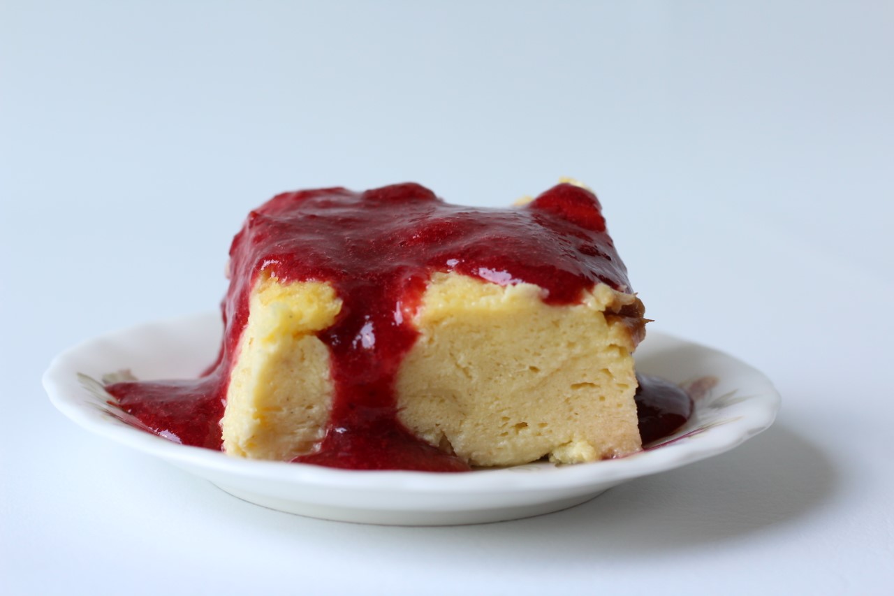 Vanilla Bean Bread Pudding with Strawberry Sauce