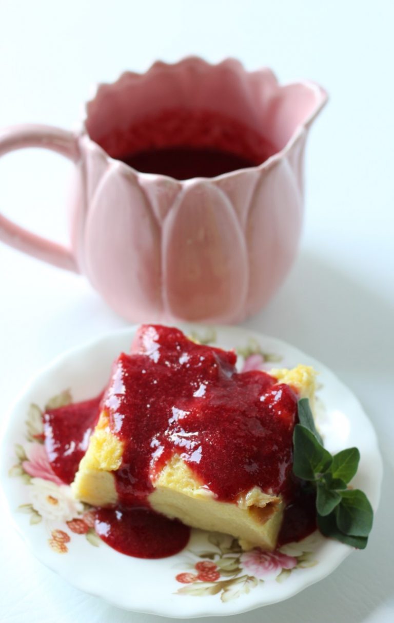 Vanilla Bean Bread Pudding with Strawberry Sauce